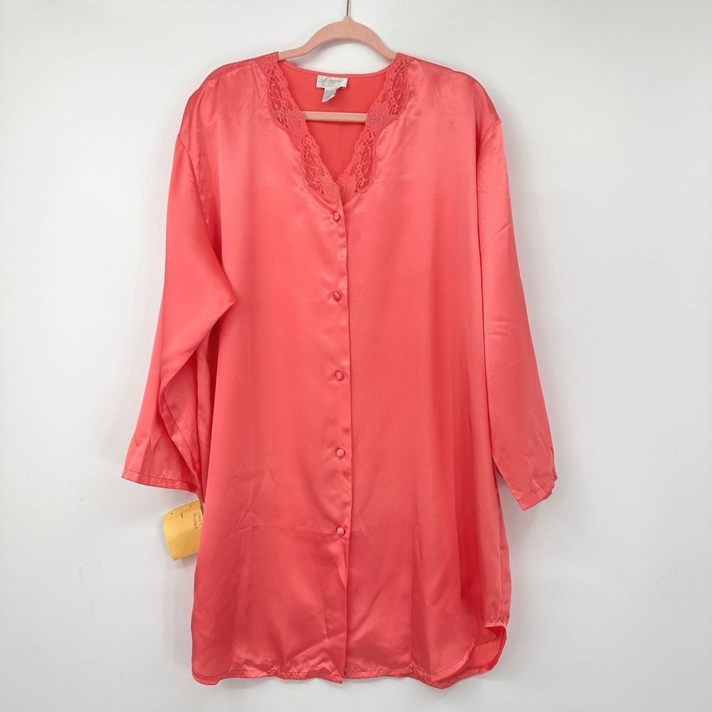 Nordstrom Lingerie Satin Sleep Shirt XL Coral Button Front Lounge Tunic NWT